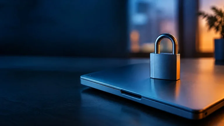ChatGPT DSGVO: Schloss auf einem geschlossenen Laptop als Symbol für Datenschutz im Büro