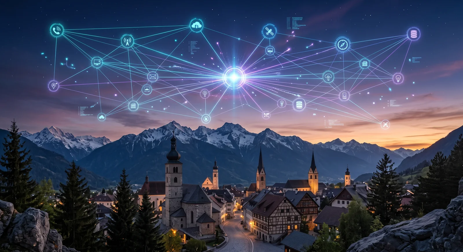 Workflow-Automatisierung Österreich: vernetzte Tools über einer österreichischen Stadtsilhouette